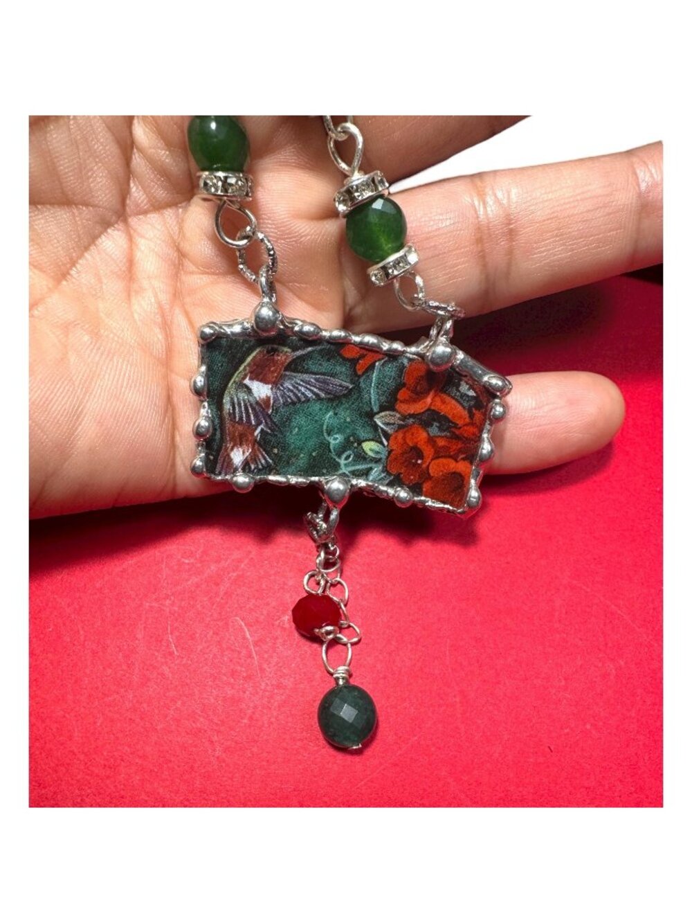 Lena Liu Hummingbird Broken China Pendant  Bezel Red & Green Quartz Necklace - Picture 11 of 14